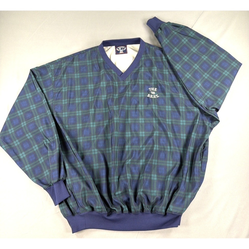 Vintage Plaid Pullover Windbreaker Jacket Men's XL Golf V Neck 90s Blue Green